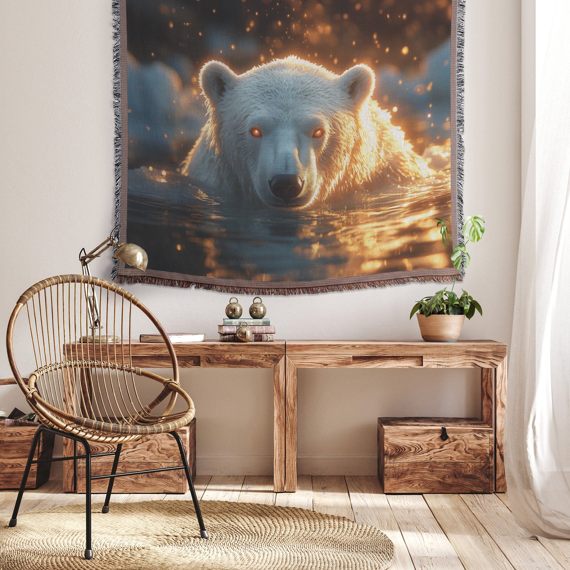 Polar Bear Swimming in Glowing Crystal Arctic Waters with Floating Ice and Vibrant Reflections Woven Throw Blanket - Awakening Righteousness