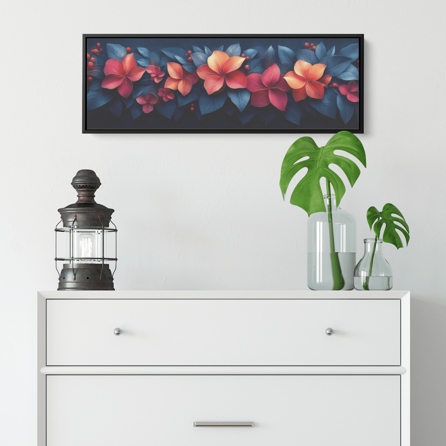 Polygonal Floral Patterns in Vibrant Color Schemes Panoramic Framed Canvas Wall Art for Home and Office - Awakening Righteousness