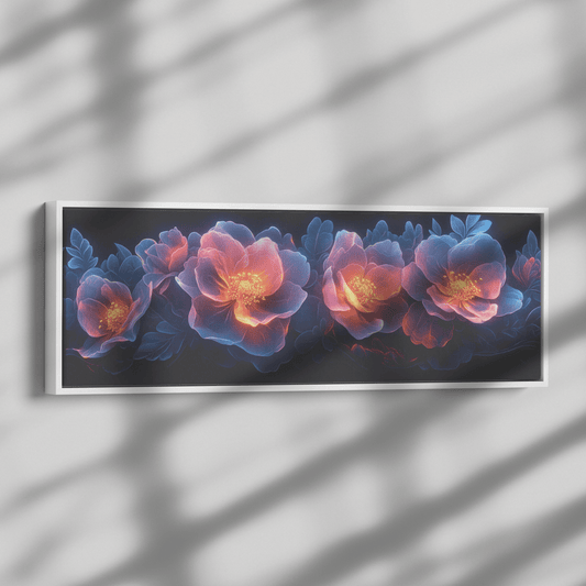 Polygonal Floral Patterns Interlocked Hexagonal Petals Neon Colors Panoramic Framed Canvas Wall Art Decor - Awakening Righteousness