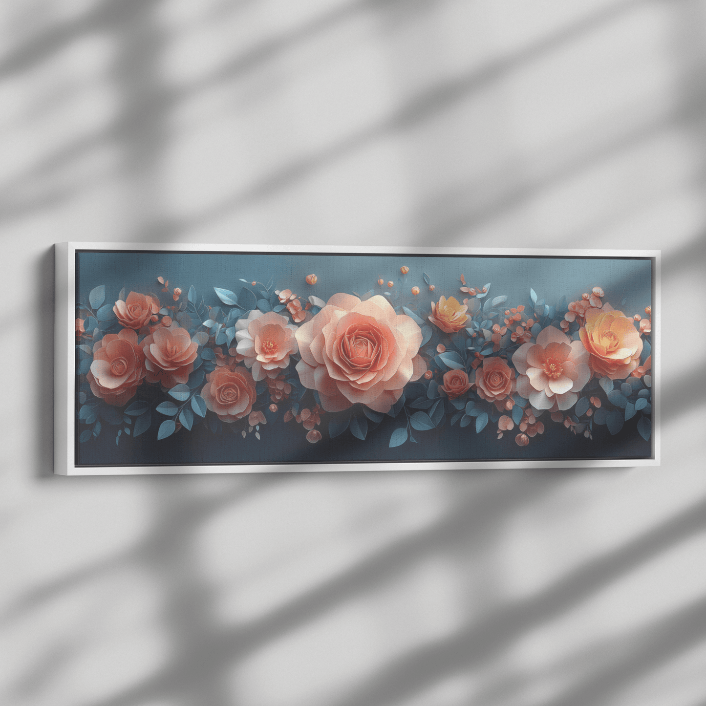 Polygonal Floral Patterns Origami Style Pastel Hues Panoramic Framed Canvas Wall Art for Home and Office Decor - Awakening Righteousness