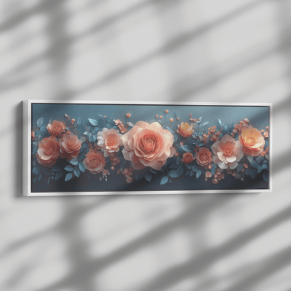 Polygonal Floral Patterns Origami Style Pastel Hues Panoramic Framed Canvas Wall Art for Home and Office Decor - Awakening Righteousness