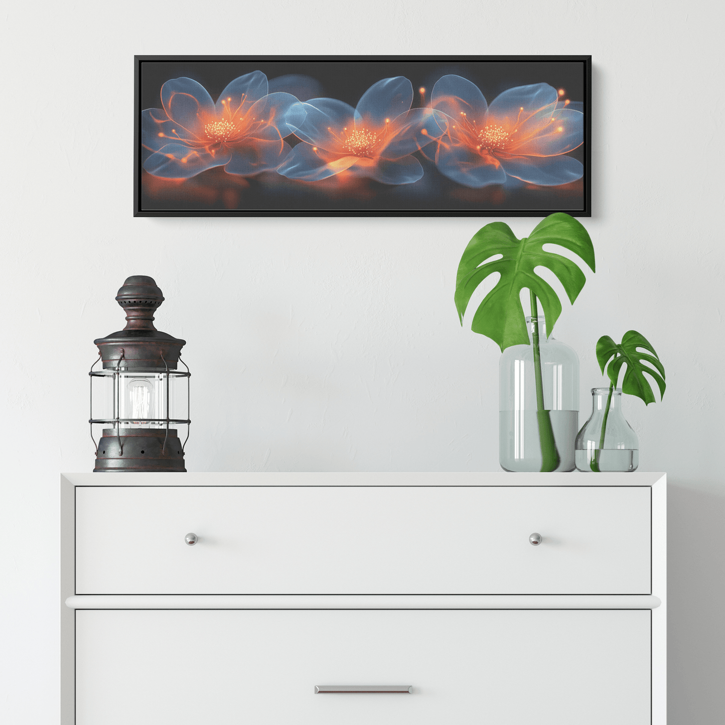 Polygonal Floral Patterns Reflective Glass Petals Glowing Cores Panoramic Framed Canvas Wall Art Decor - Awakening Righteousness
