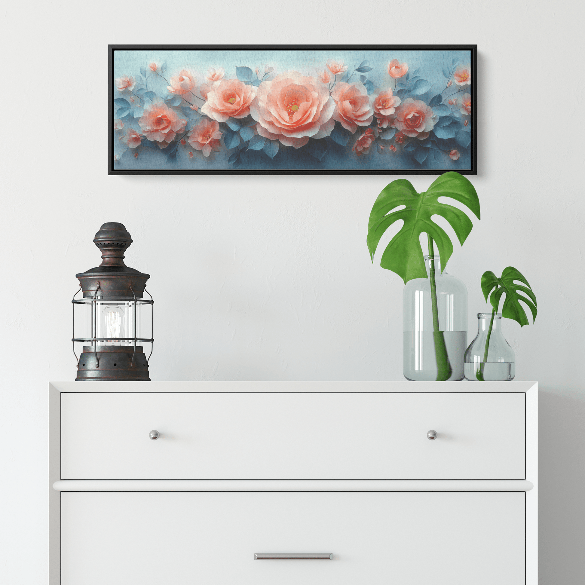 Polygonal Floral Patterns Soft Pastel Gradients Crystal Clear Outlines Panoramic Framed Canvas Wall Art Decor - Awakening Righteousness