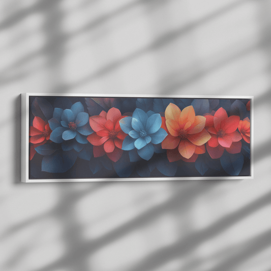 Polygonal Floral Patterns Wall Art Featuring Sharp Edged Petals and Vibrant Colors Panoramic Framed Canvas Decor - Awakening Righteousness