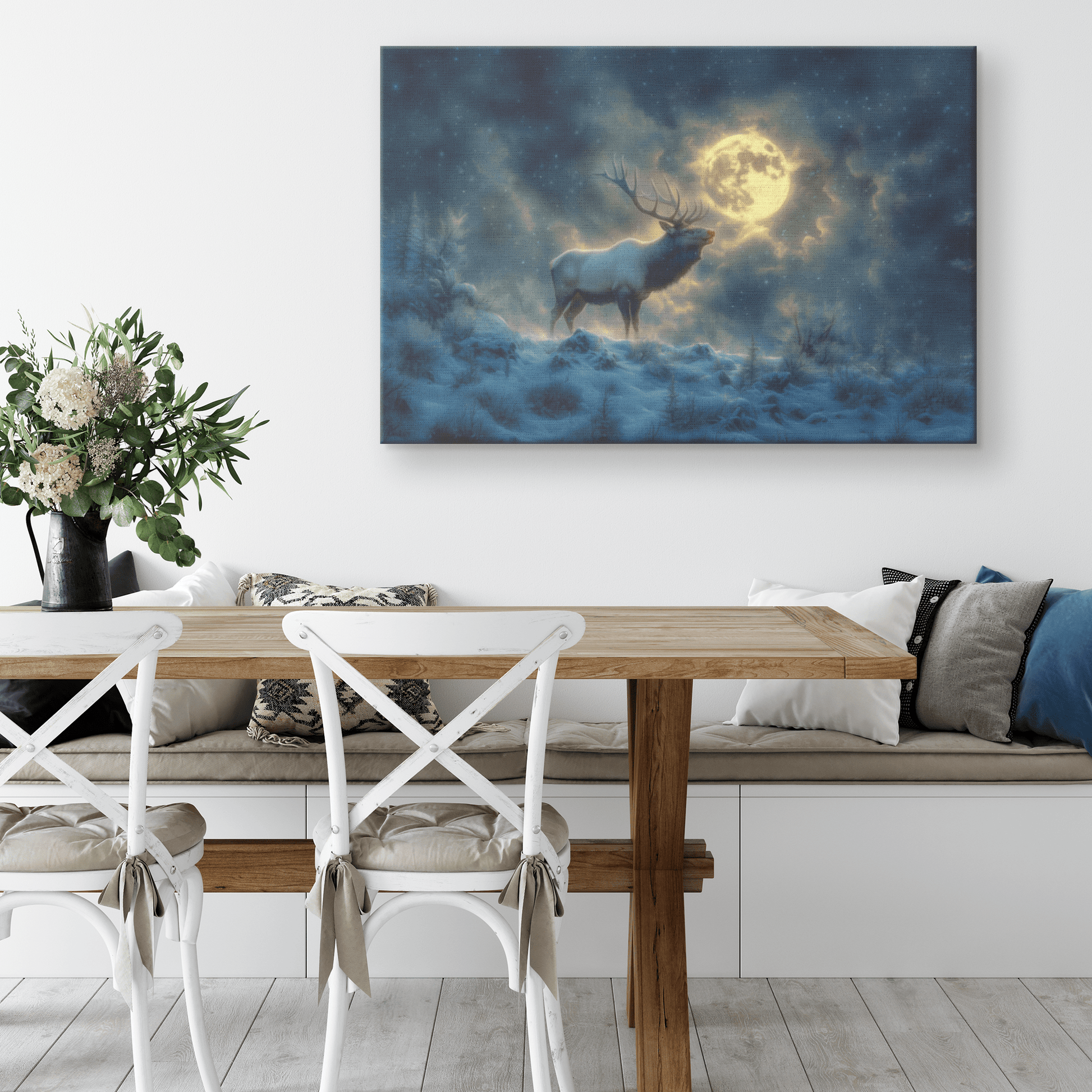 Powerful Elk Roaring On Glowing Snowy Hillside Under Full Moon With Visible Breath Canvas Wall Art Decor - Awakening Righteousness