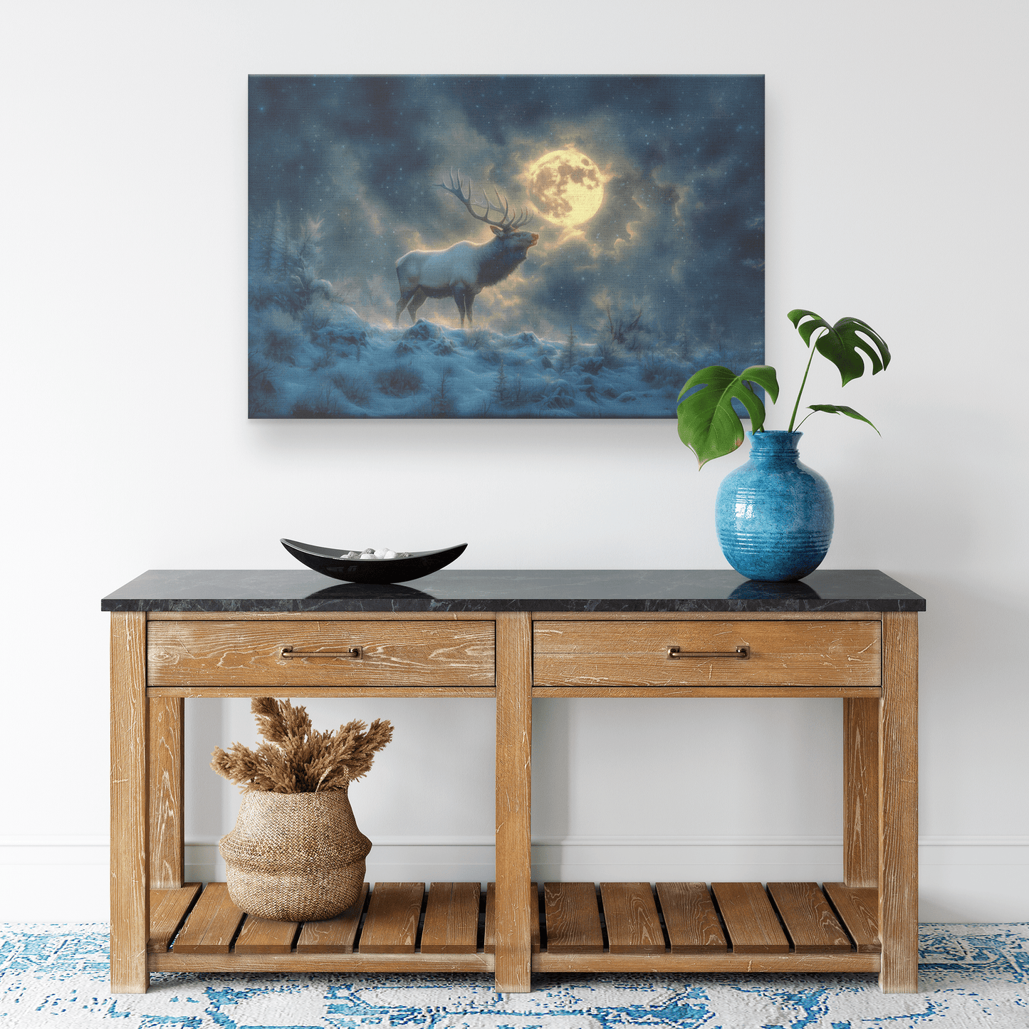 Powerful Elk Roaring On Glowing Snowy Hillside Under Full Moon With Visible Breath Canvas Wall Art Decor - Awakening Righteousness