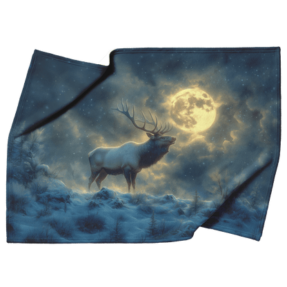 Powerful Elk Roaring on Glowing Snowy Hillside Under Massive Full Moon With Breath Visible in Cold Air Fleece Sherpa Blanket - Awakening Righteousness