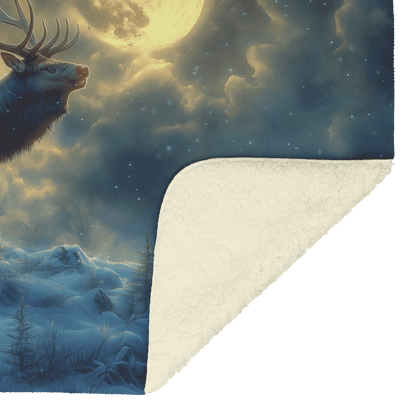 Powerful Elk Roaring on Glowing Snowy Hillside Under Massive Full Moon With Breath Visible in Cold Air Fleece Sherpa Blanket - Awakening Righteousness