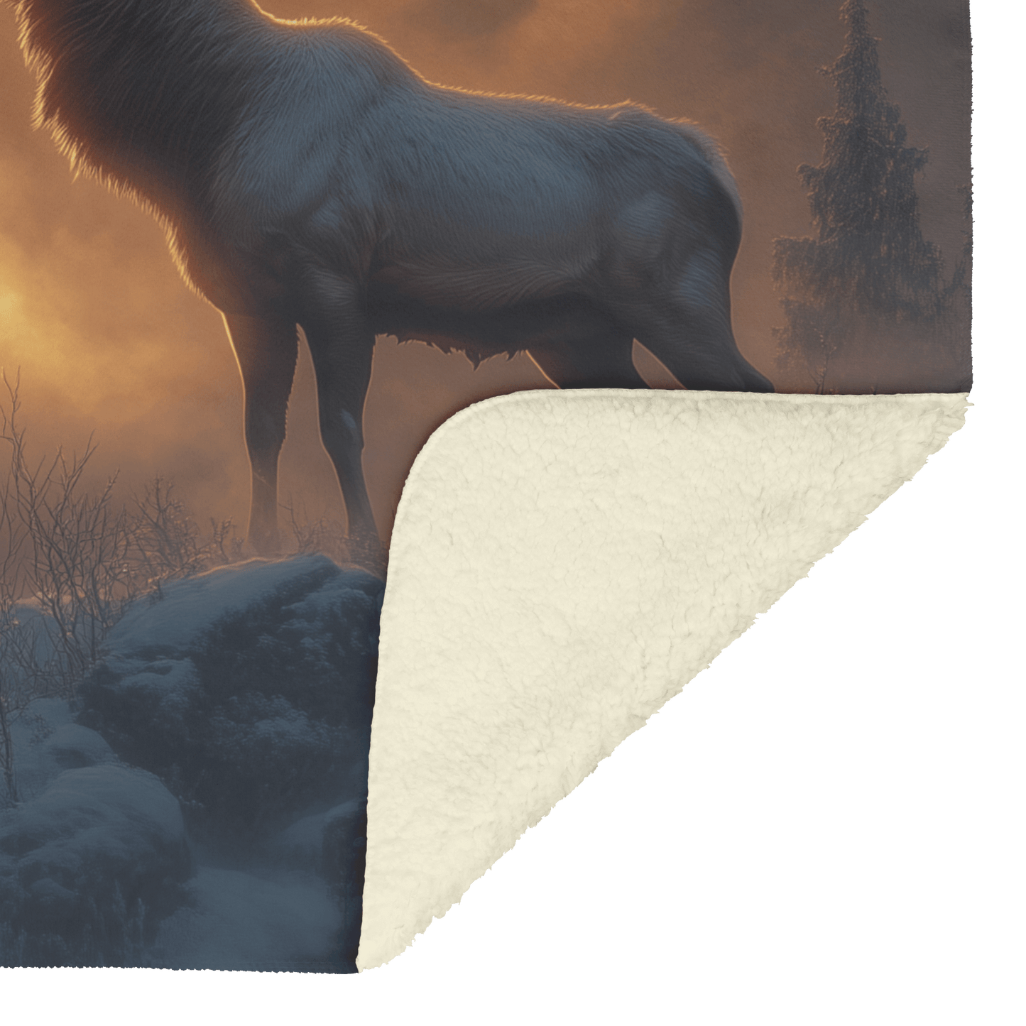 Powerful Elk Roaring on Glowing Snowy Hillside Under Massive Full Moon With Breath Visible in Cold Air Fleece Sherpa Blanket - Awakening Righteousness