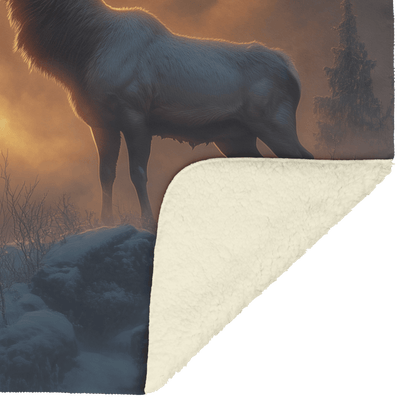 Powerful Elk Roaring on Glowing Snowy Hillside Under Massive Full Moon With Breath Visible in Cold Air Fleece Sherpa Blanket - Awakening Righteousness