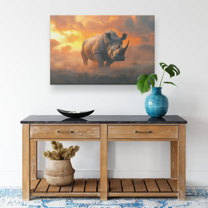 Powerful Rhino Standing in Misty Savanna Soft Glowing Light Complex Textures Wildlife Canvas Wall Art - Awakening Righteousness