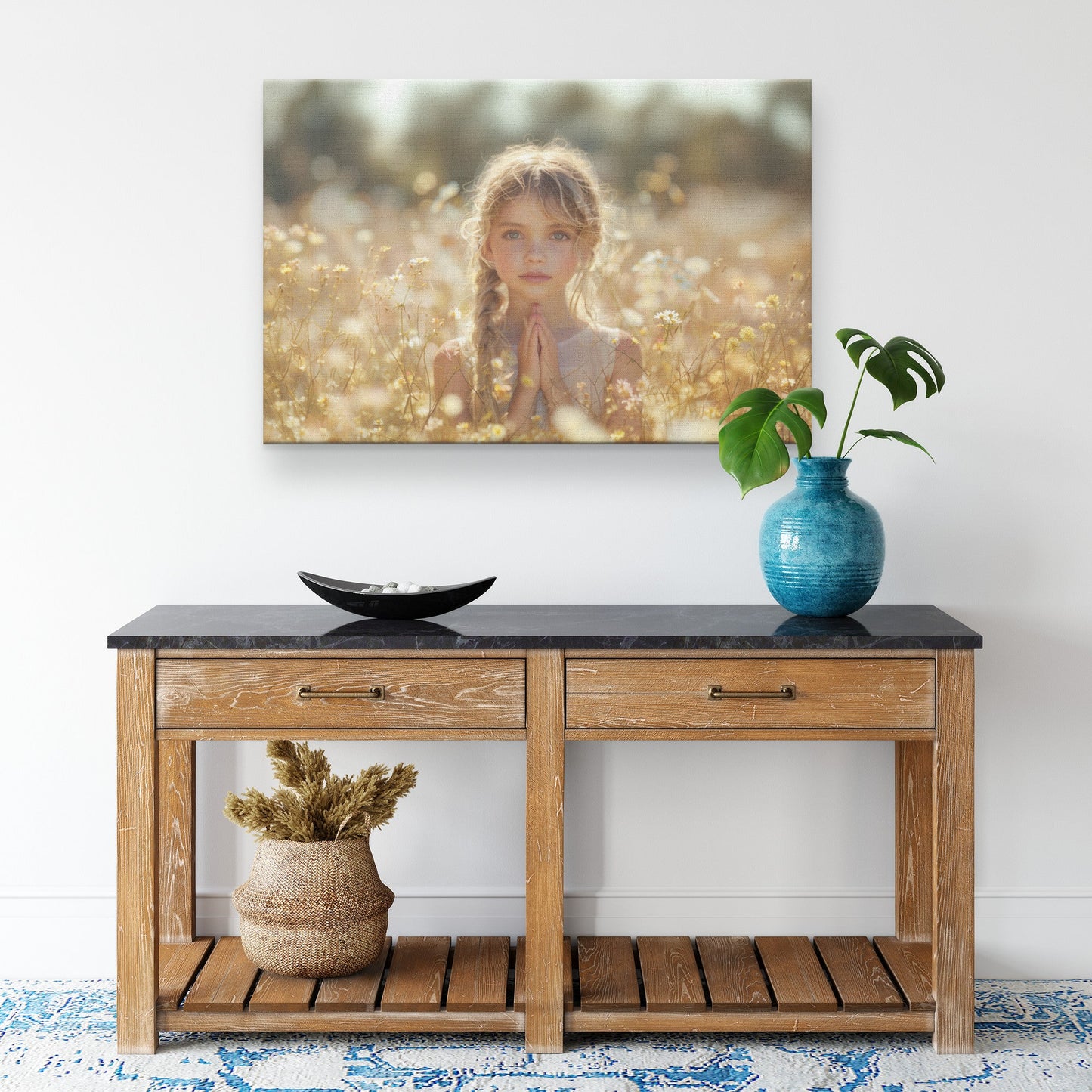 Praying Girl Surrounded by Golden Wildflowers in Sunlit Meadow Canvas Wall Art Decor - Awakening Righteousness