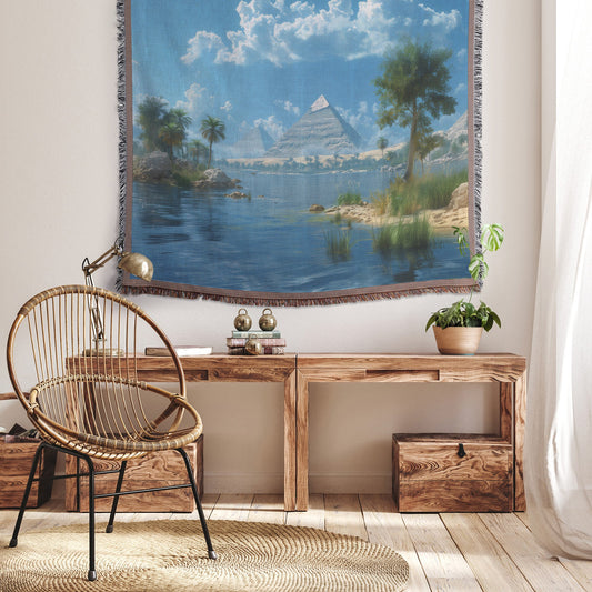 Pyramids and Palm Trees by the River with Clear Blue Sky for Woven Throw Blanket - Awakening Righteousness