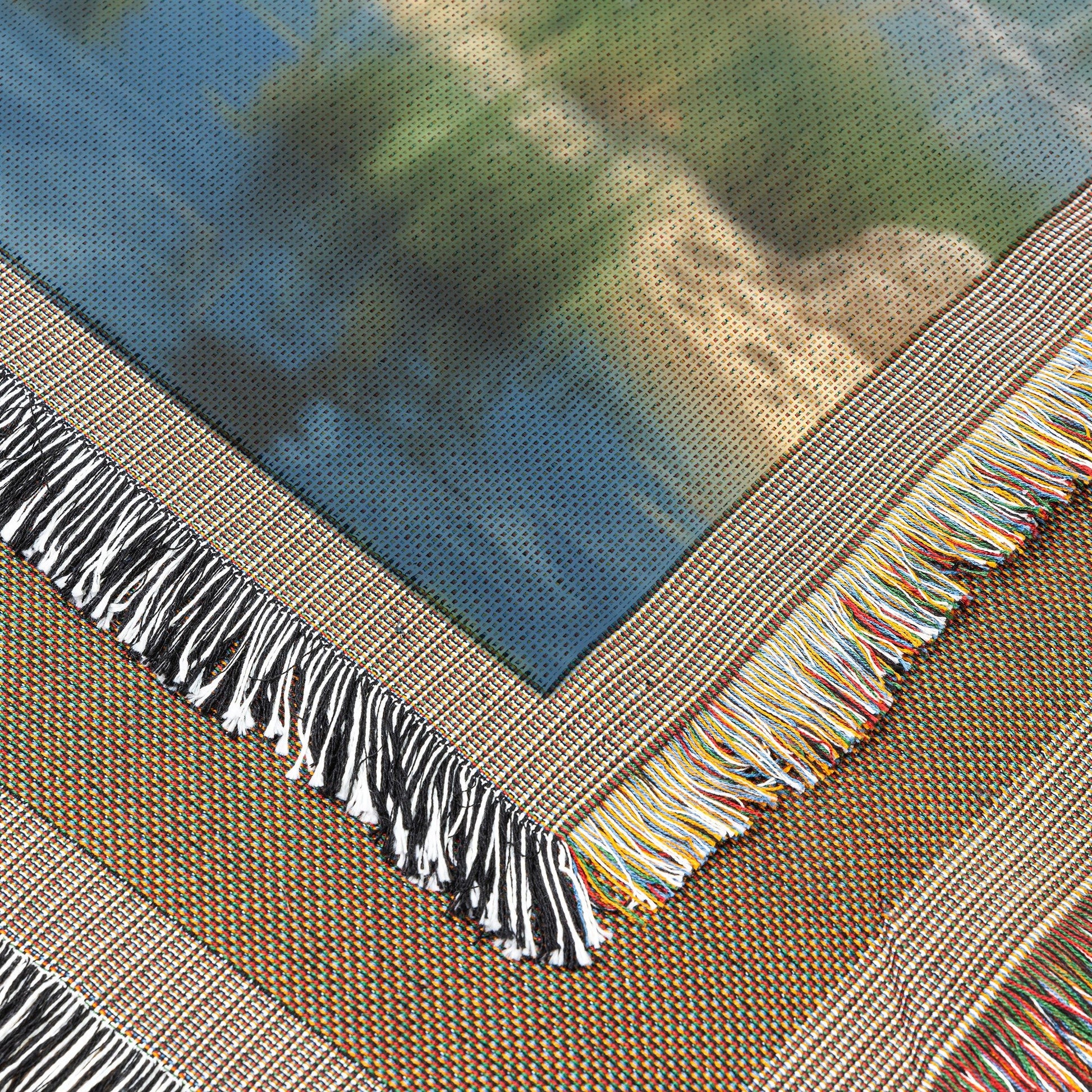 Pyramids and Palm Trees by the River with Clear Blue Sky for Woven Throw Blanket - Awakening Righteousness