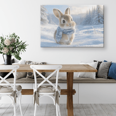 Rabbit Building Snow Bunny in Snowy Field with Scarves Canvas Wall Art - Awakening Aesthetics