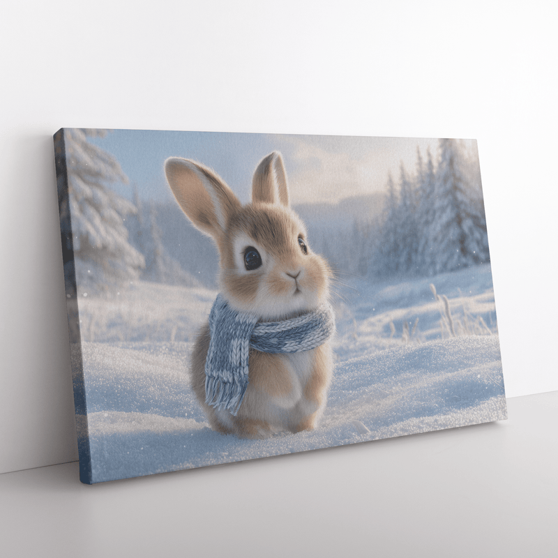 Rabbit Building Snow Bunny in Snowy Field with Scarves Canvas Wall Art - Awakening Aesthetics