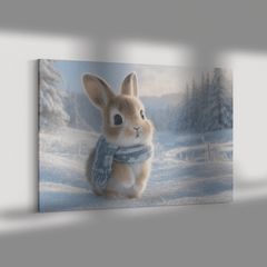 Rabbit Building Snow Bunny in Snowy Field with Scarves Canvas Wall Art - Awakening Aesthetics