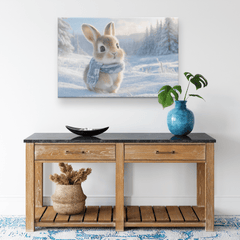 Rabbit Building Snow Bunny in Snowy Field with Scarves Canvas Wall Art - Awakening Aesthetics
