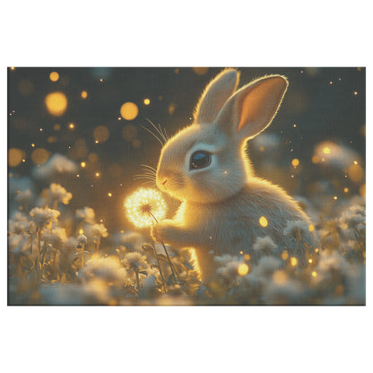 Rabbit Holding Glowing Dandelion in Magical Meadow Under Star Filled Night Sky Canvas Wall Art - Awakening Righteousness