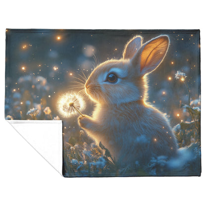 Rabbit Holding Glowing Dandelion in Magical Meadow Under Starry Night Sky Fleece Sherpa Blanket - Awakening Righteousness