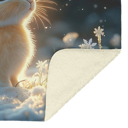 Rabbit in Snowy Forest Under Glowing Moonlight with Silver Light and Twinkling Snowflakes Fleece Sherpa Blanket - Awakening Righteousness