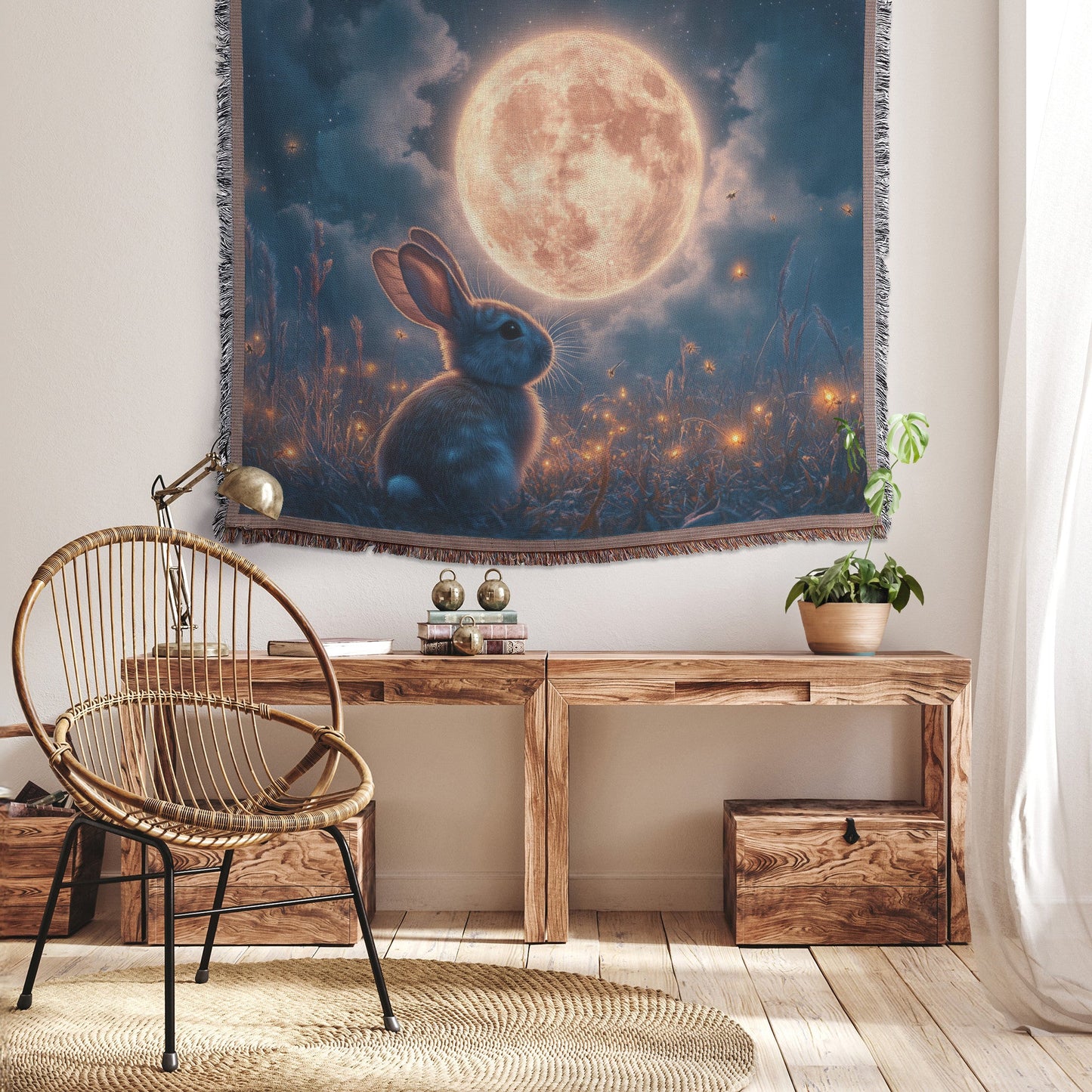 Rabbit Silhouetted Against Glowing Full Moon Woven Throw Blanket in Peaceful Meadow with Tall Grass and Fireflies - Awakening Righteousness