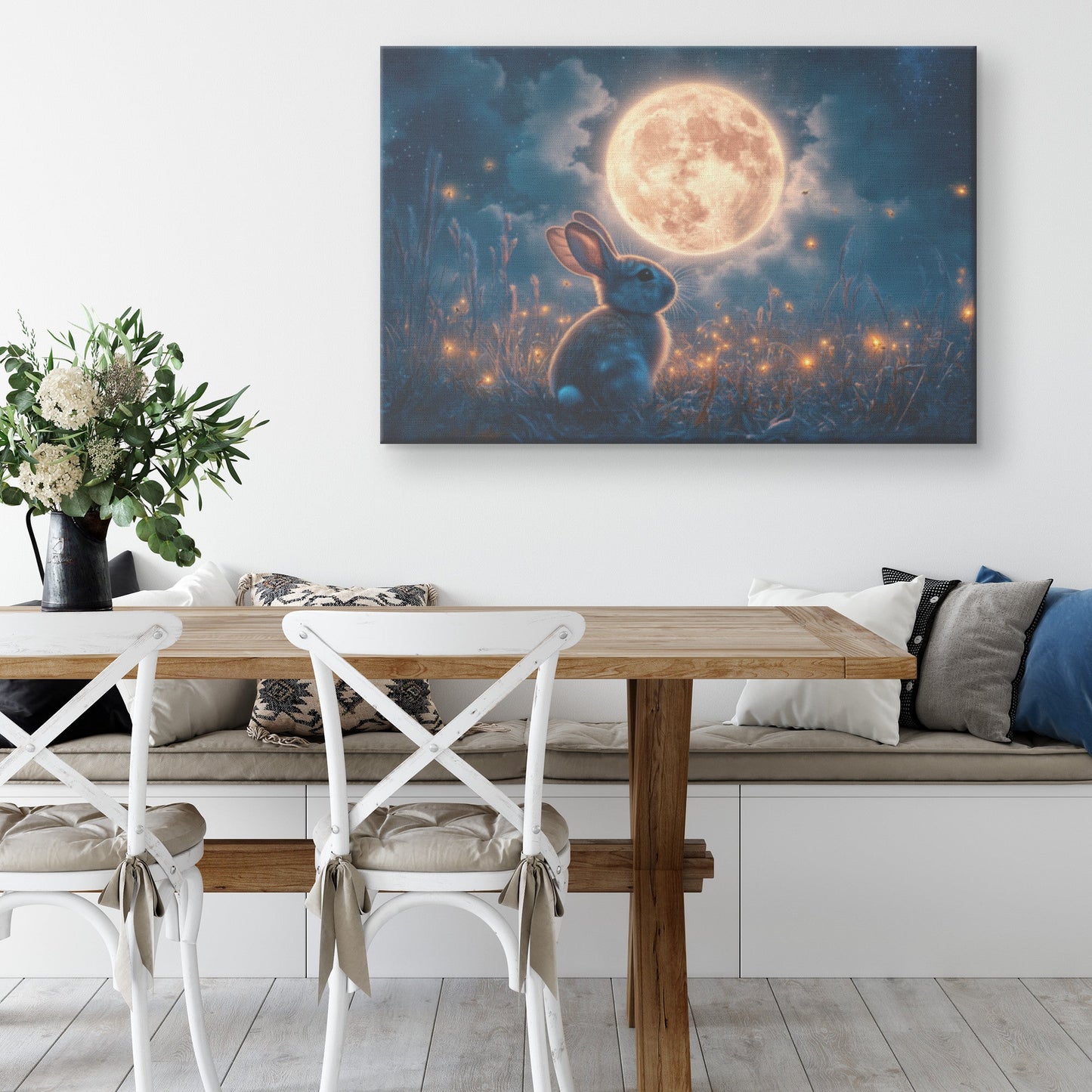 Rabbit Silhouetted Against Massive Glowing Full Moon in Peaceful Meadow with Tall Grass and Fireflies Canvas Wall Art - Awakening Righteousness