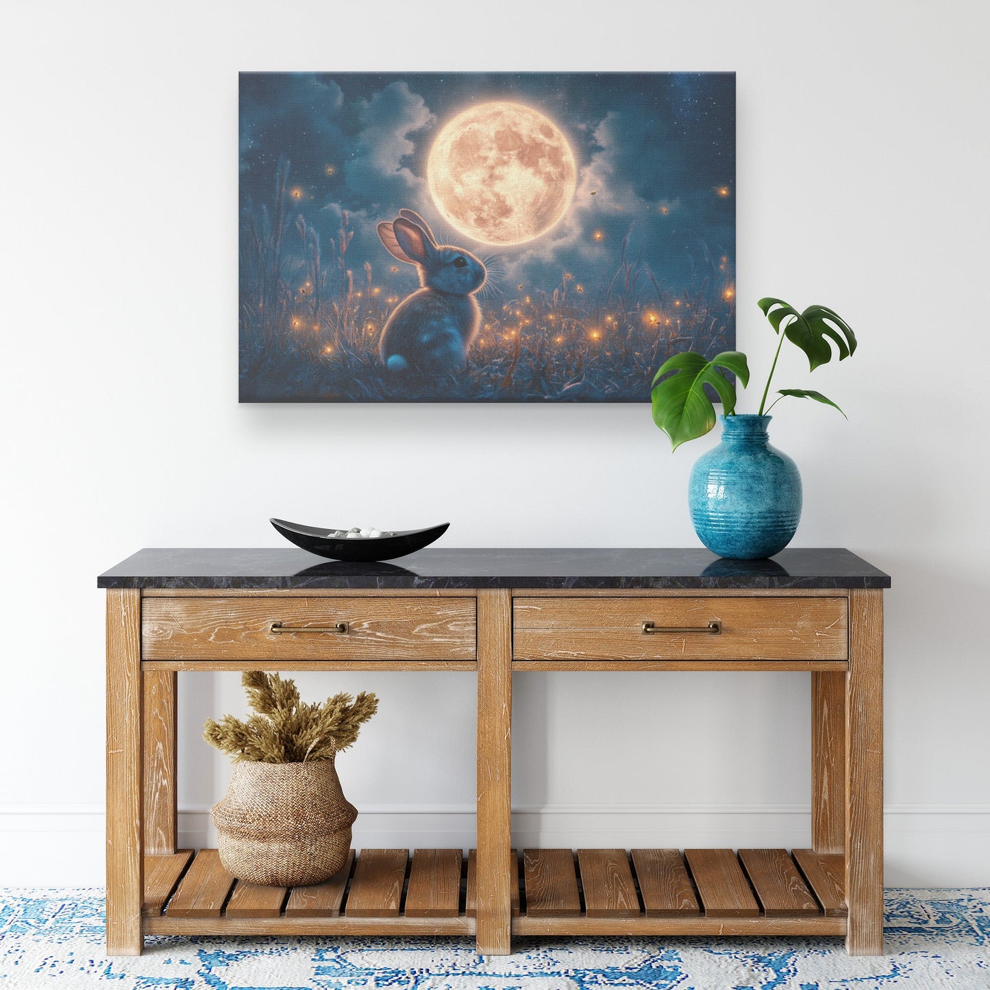 Rabbit Silhouetted Against Massive Glowing Full Moon in Peaceful Meadow with Tall Grass and Fireflies Canvas Wall Art - Awakening Righteousness
