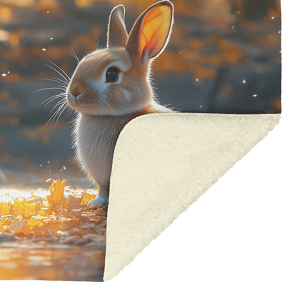 Rabbit Sitting Near Glowing Waterfall Surrounded by Golden Autumn Leaves and Forest Mist Fleece Sherpa Blanket - Awakening Righteousness