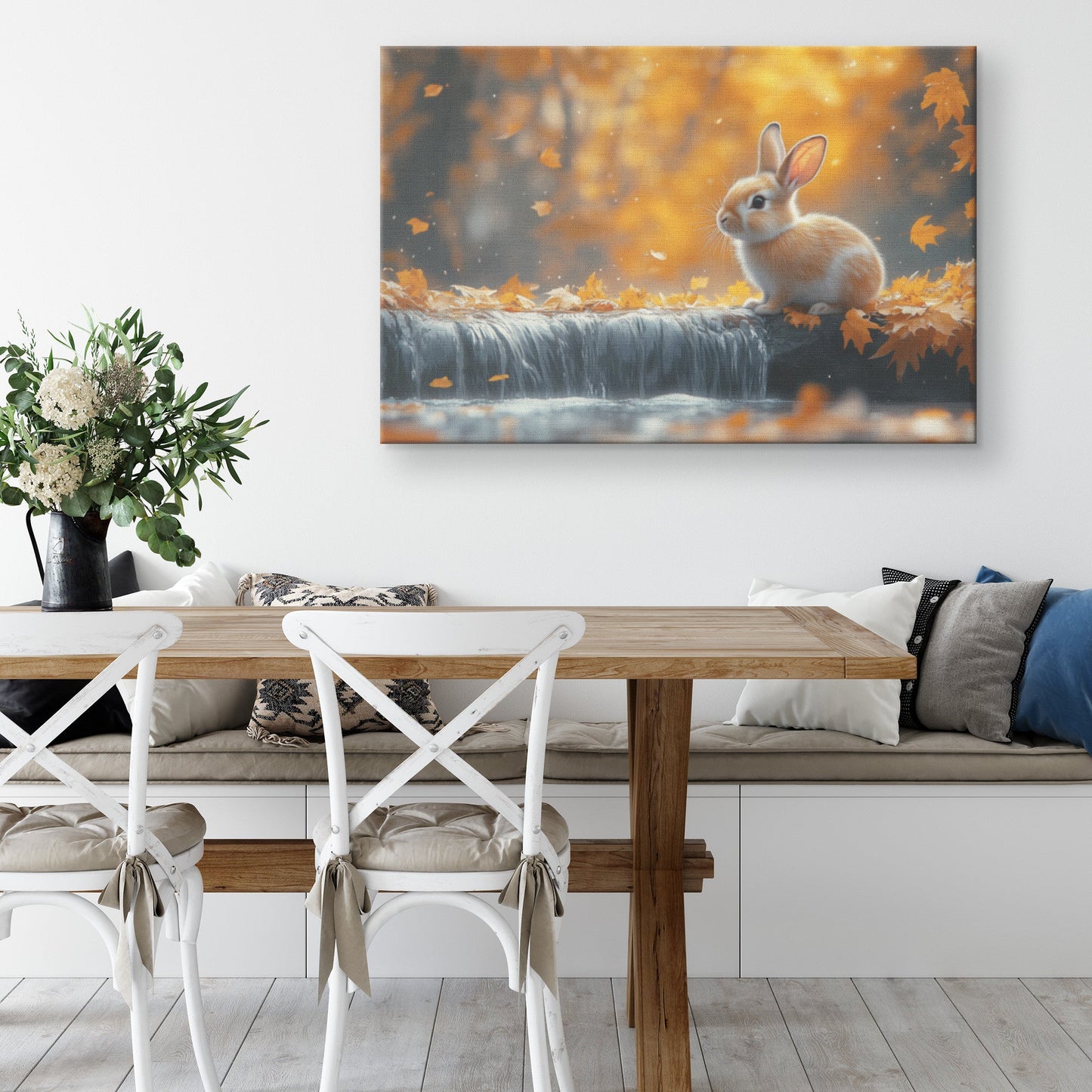 Rabbit Sitting Near Glowing Waterfall Surrounded by Golden Autumn Leaves and Soft Forest Mist Canvas Wall Art - Awakening Righteousness
