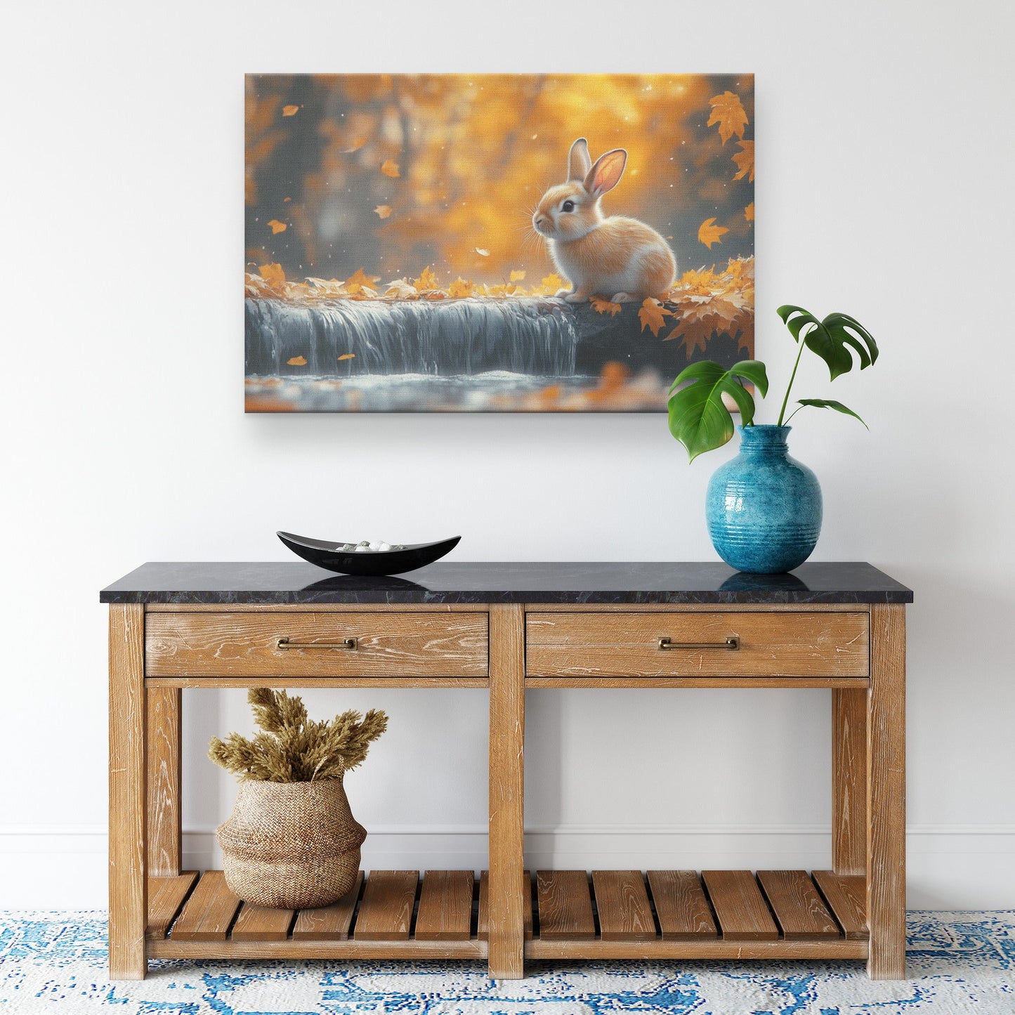 Rabbit Sitting Near Glowing Waterfall Surrounded by Golden Autumn Leaves and Soft Forest Mist Canvas Wall Art - Awakening Righteousness