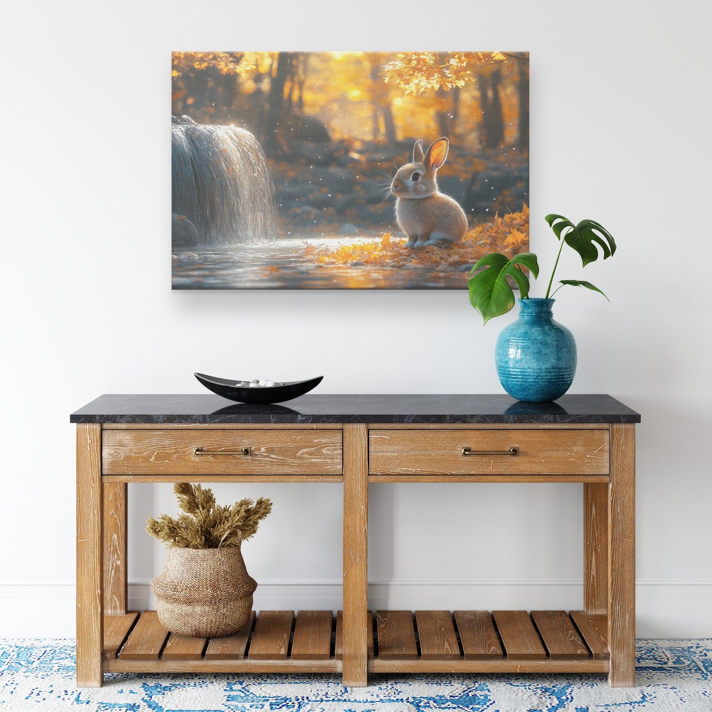 Rabbit Sitting Near Glowing Waterfall Surrounded by Golden Autumn Leaves and Soft Forest Mist Canvas Wall Art - Awakening Righteousness
