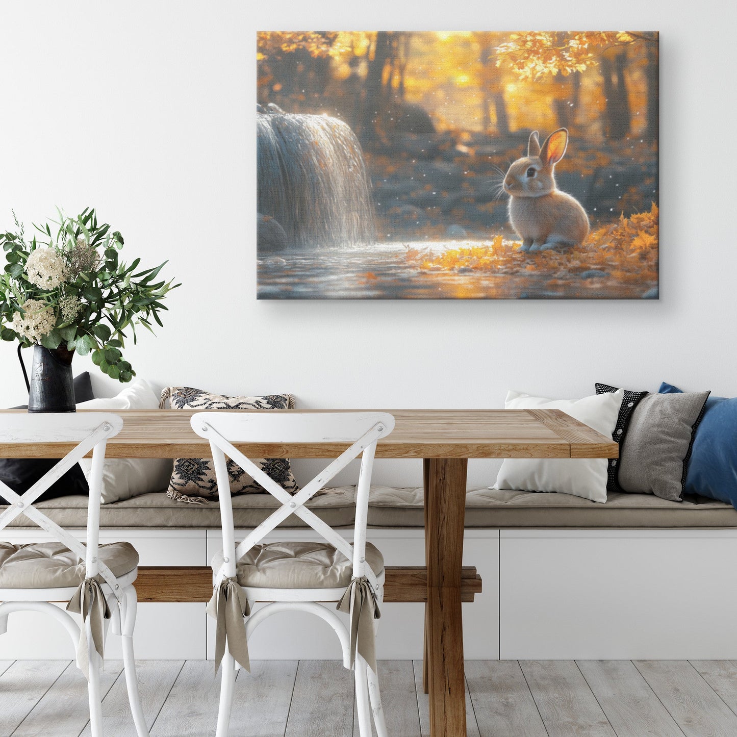 Rabbit Sitting Near Glowing Waterfall Surrounded by Golden Autumn Leaves and Soft Forest Mist Canvas Wall Art - Awakening Righteousness