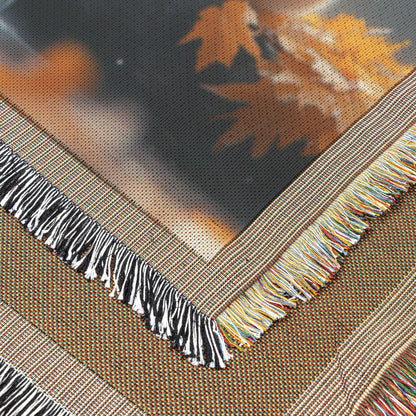 Rabbit Sitting Near Glowing Waterfall Woven Throw Blanket with Golden Autumn Leaves and Soft Forest Mist - Awakening Righteousness