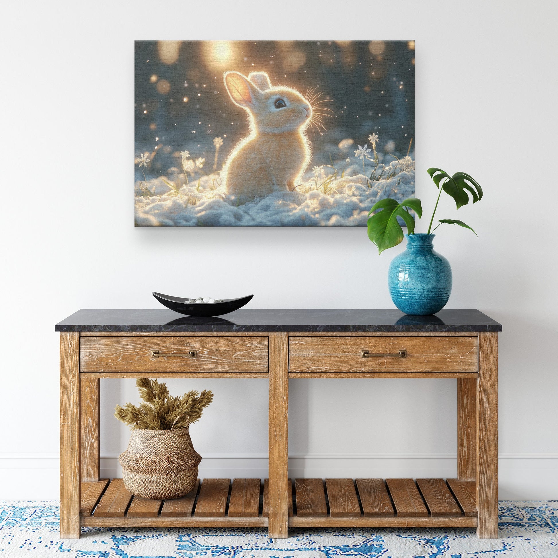 Rabbit Standing in Snowy Forest Under Glowing Moonlight with Silver Light and Twinkling Snowflakes Canvas Wall Art - Awakening Righteousness