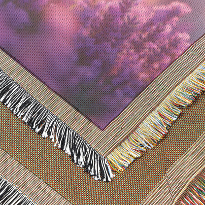 Rabbits Playing in Glowing Lavender Field Woven Throw Blanket Under Pink and Purple Twilight Sky - Awakening Righteousness