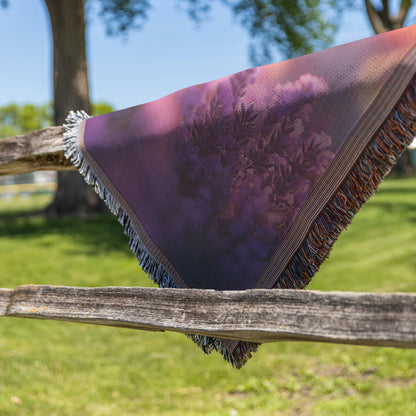 Rabbits Playing in Glowing Lavender Field Woven Throw Blanket Under Pink and Purple Twilight Sky - Awakening Righteousness