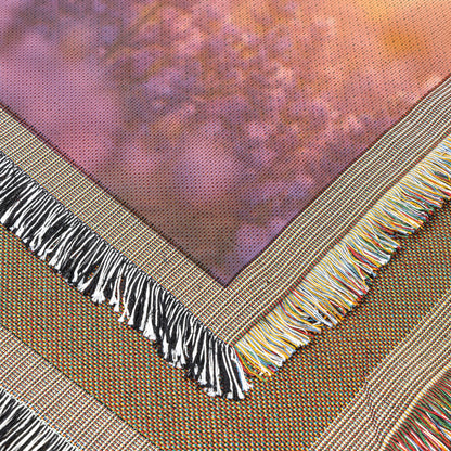 Rabbits Playing in Glowing Lavender Field Woven Throw Blanket Under Pink and Purple Twilight Sky - Awakening Righteousness