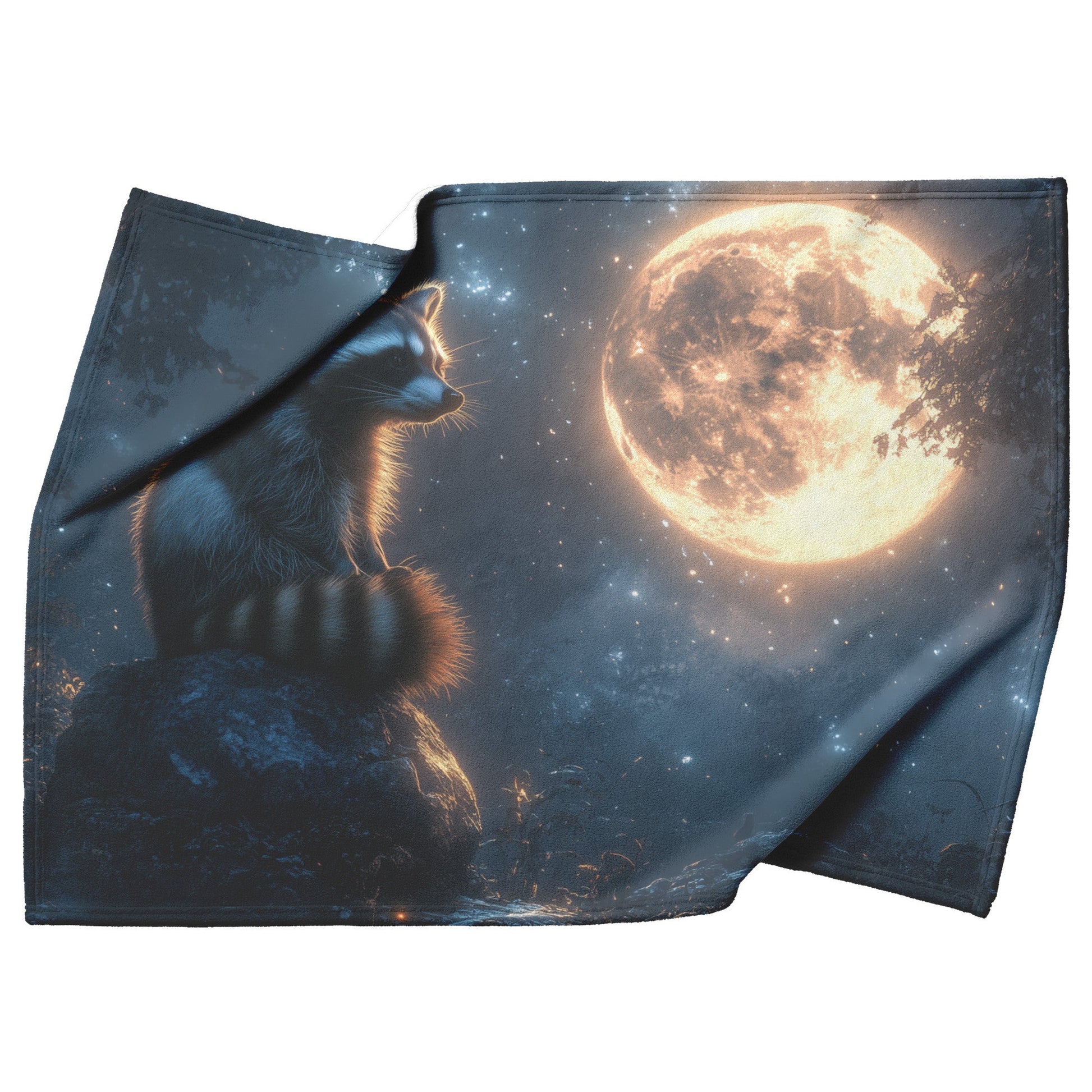 Raccoon on Glowing Stone in Forest Clearing Full Moon Peaceful Ethereal Fleece Sherpa Blanket - Awakening Righteousness