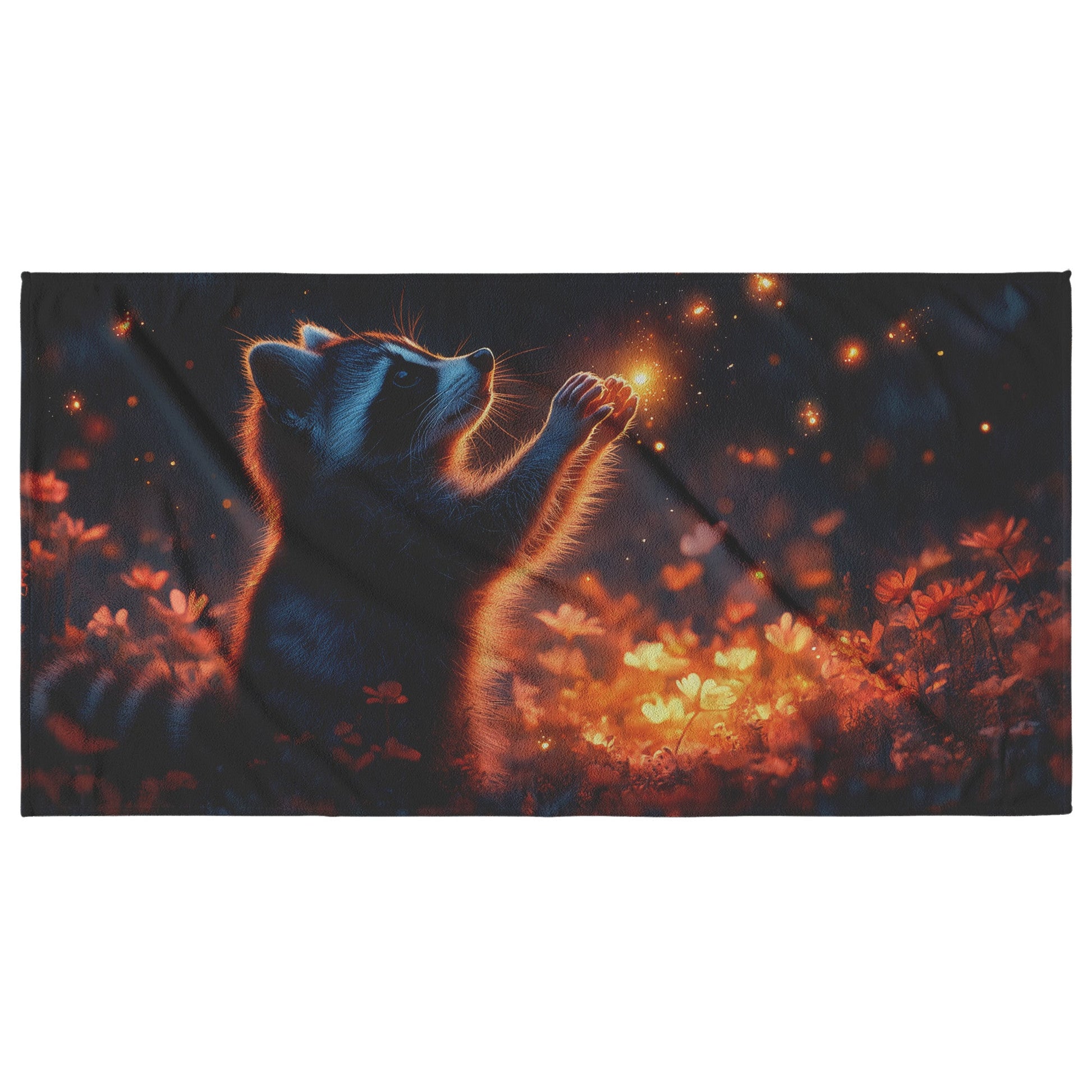 Raccoon Playfully Reaching for Fireflies in Vibrant Glowing Meadow Surrounded by Twilight Hues Beach Towel - Awakening Righteousness