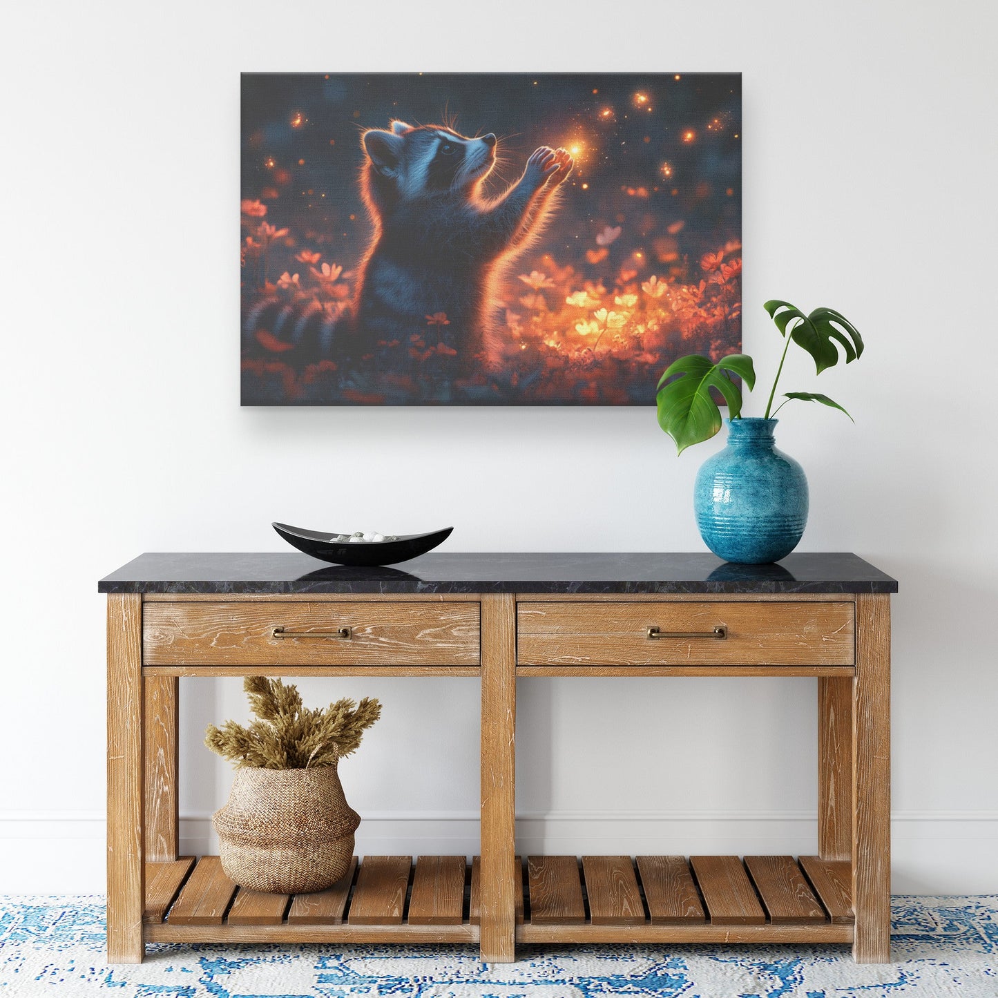 Raccoon Reaching Fireflies in Vibrant Twilight Meadow Canvas Wall Art Decor for Living Spaces - Awakening Righteousness