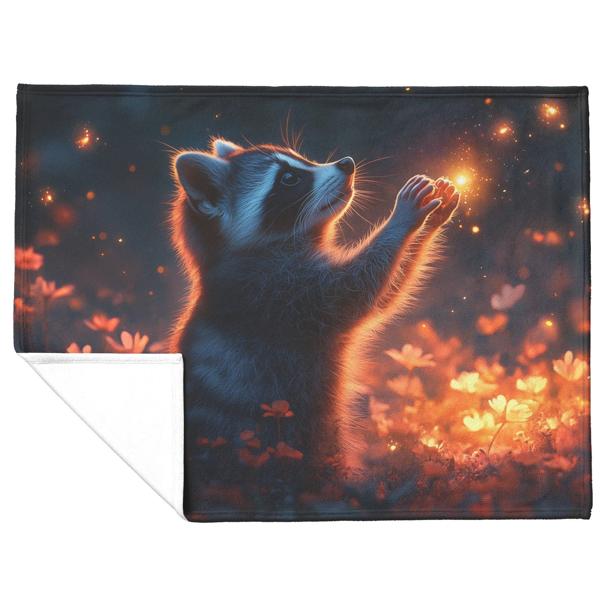 Raccoon Reaching for Fireflies in Glowing Meadow Twilight Hues Vibrant Magical Fleece Sherpa Blanket - Awakening Righteousness