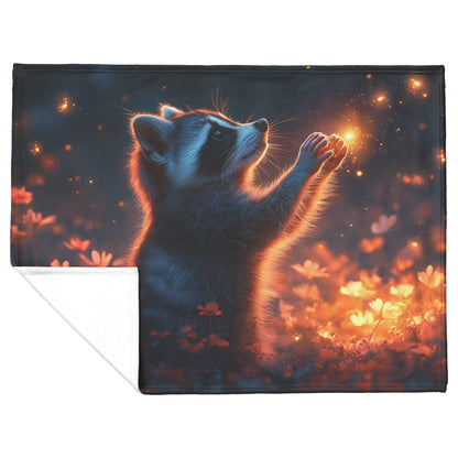Raccoon Reaching for Fireflies in Glowing Meadow Twilight Hues Vibrant Magical Fleece Sherpa Blanket - Awakening Righteousness