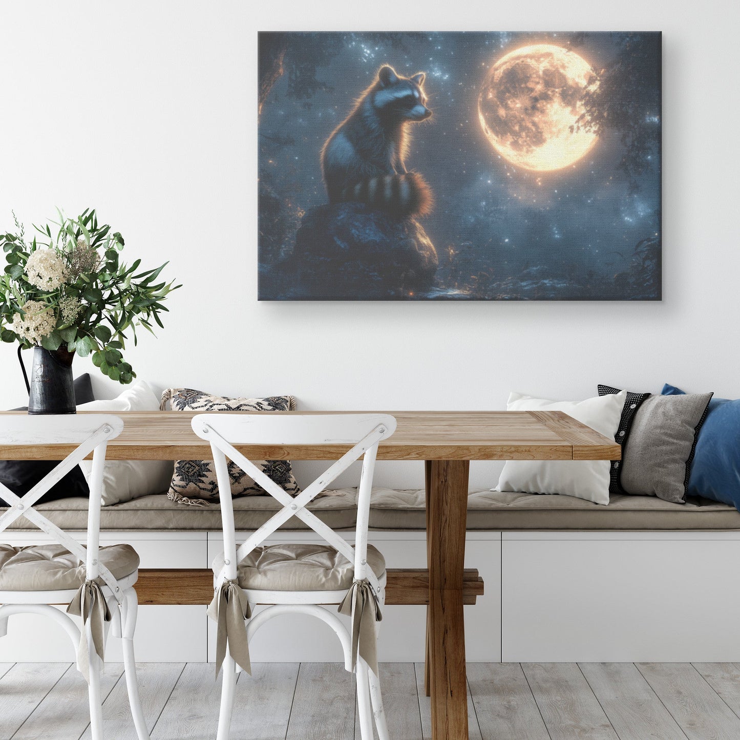 Raccoon Sitting Atop Glowing Stone in Forest Clearing Under Massive Full Moon Peaceful Ethereal Canvas Wall Art Decor - Awakening Righteousness