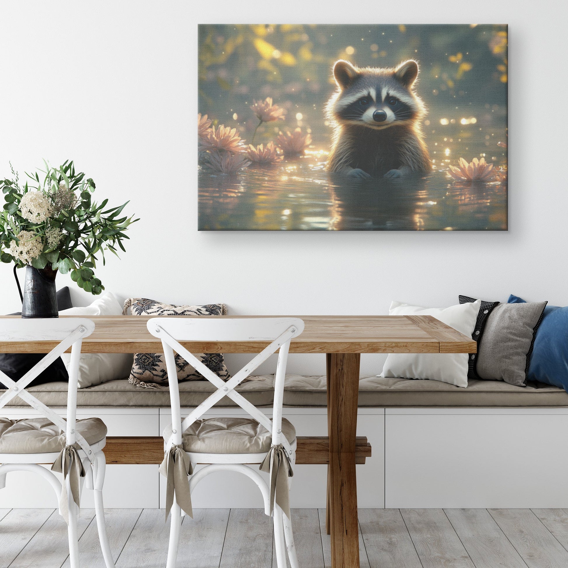Raccoon Sitting Near Glowing Crystal Clear Riverbank with Shimmering Reflections Peaceful Woodland Canvas Wall Art Decor - Awakening Righteousness