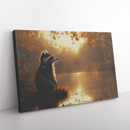 Raccoon Sitting Near Glowing Crystal Clear Riverbank with Shimmering Reflections Peaceful Woodland Canvas Wall Art Decor - Awakening Righteousness