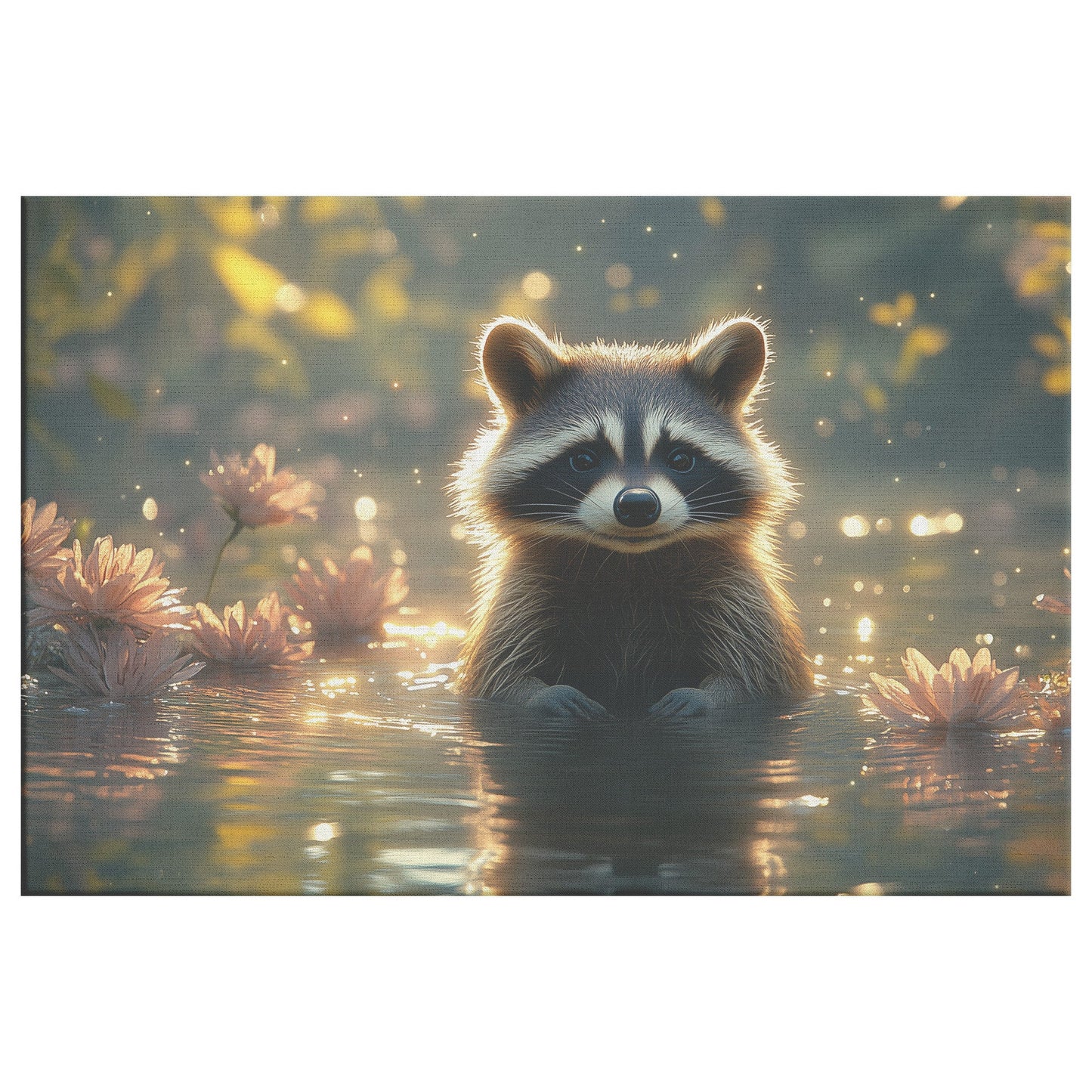 Raccoon Sitting Near Glowing Crystal Clear Riverbank with Shimmering Reflections Peaceful Woodland Canvas Wall Art Decor - Awakening Righteousness