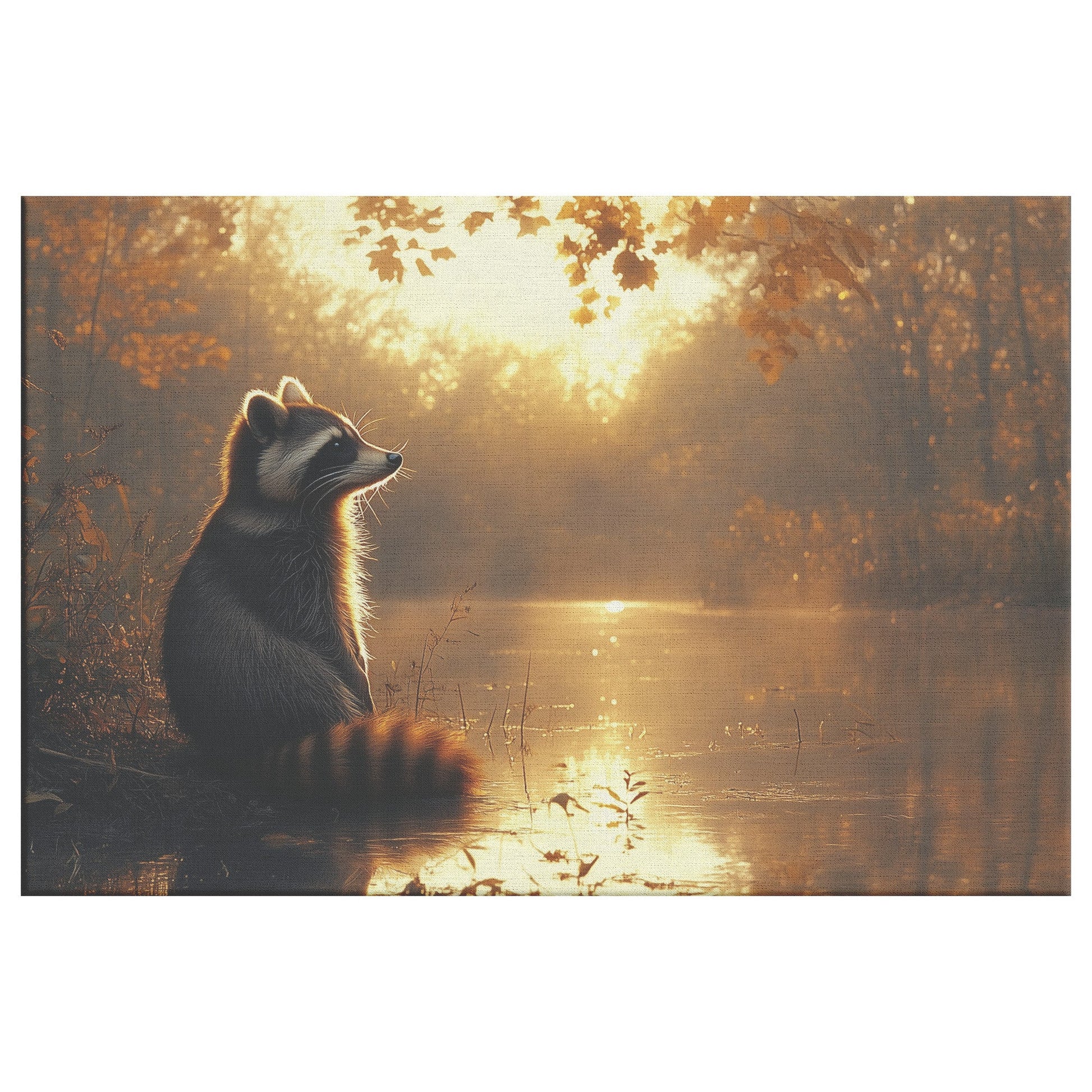 Raccoon Sitting Near Glowing Crystal Clear Riverbank with Shimmering Reflections Peaceful Woodland Canvas Wall Art Decor - Awakening Righteousness