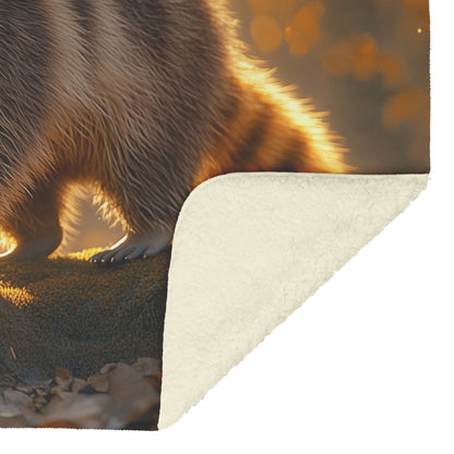 Raccoon Walking on Mossy Forest Rocks Soft Golden Morning Light Fleece Sherpa Blanket - Awakening Righteousness