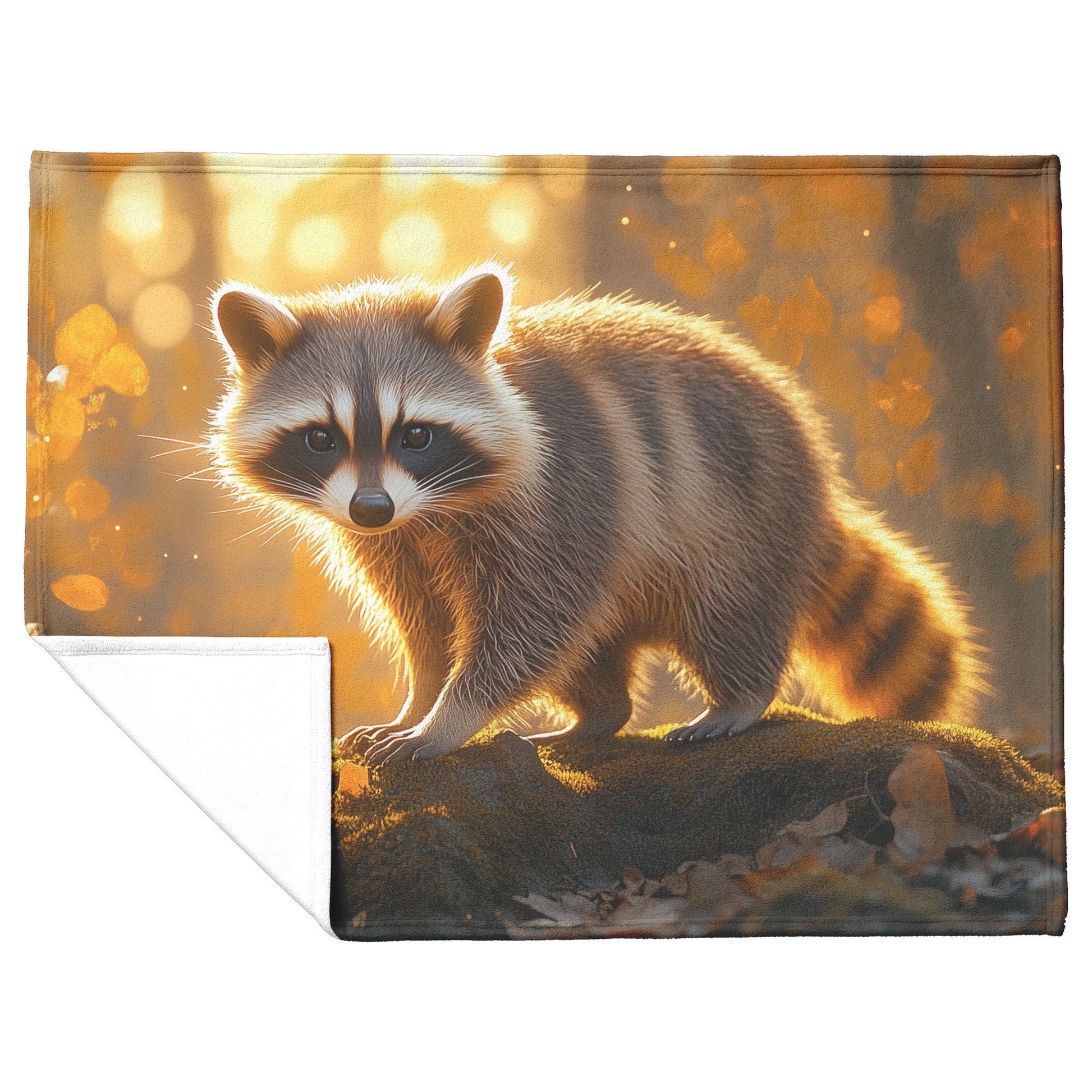 Raccoon Walking on Mossy Forest Rocks Soft Golden Morning Light Fleece Sherpa Blanket - Awakening Righteousness